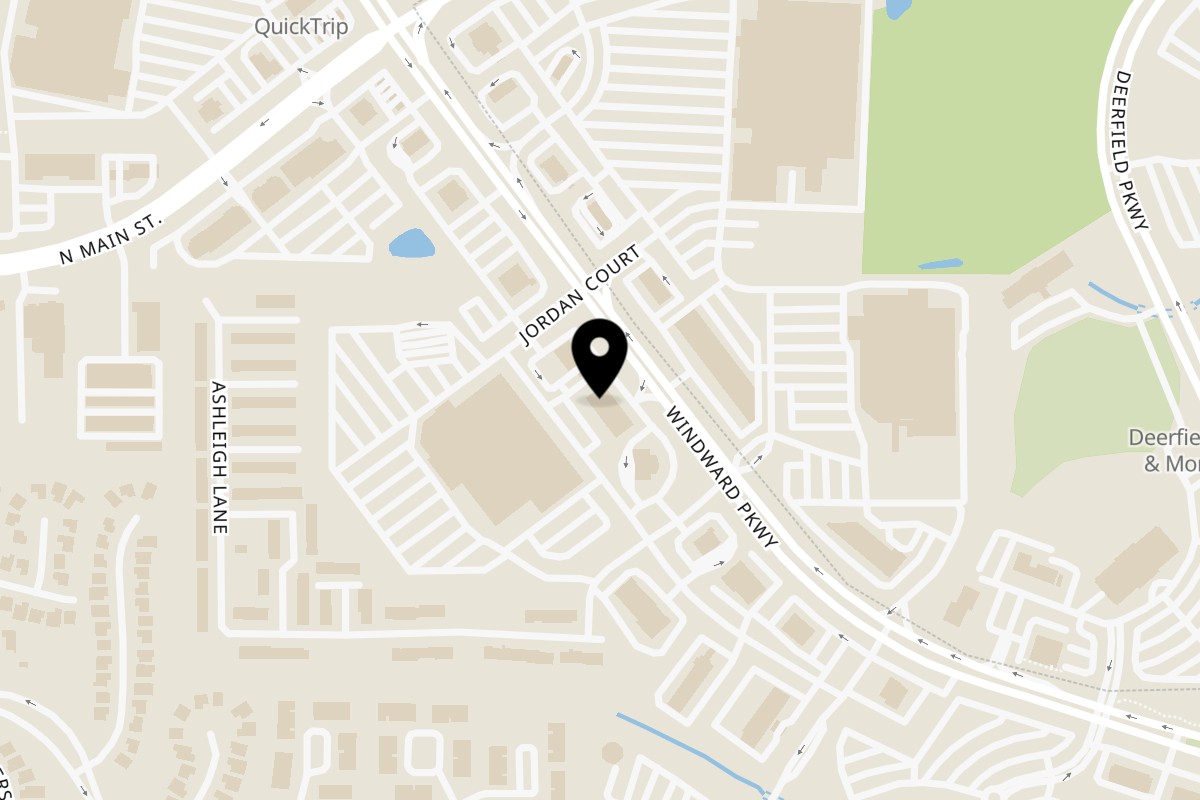 Map showing the location of Brindavan Cafe on 5215 Windward Pkwy A in Alpharetta